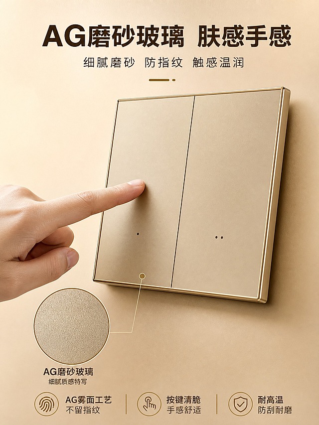 [商品] 使用【图2】二开金色智能开关；保留双按键、香槟金AG玻璃面板、指示灯点、方形结构和金色包边；重点突出AG磨砂玻璃的细腻质感。

[画面] 第7张 AG玻璃材质手感，目标展示AG磨砂玻璃的高级触感和优秀按键手感。采用微距材质型版式，二开开关位于画面中央偏右，占画面约50%，略微左倾，近距离特写角度。画面左侧有一只干净的成年人右手，食指正轻轻按在左侧按键上，手指与按键接触自然，体现按压手感。画面左下角有一个放大的圆形局部特写框，展示AG玻璃表面的细腻磨砂纹理，旁边有材质标注。背景为浅金色渐变，简洁干净，突出材质本身。

[视觉] 套系策略：风格=高级质感特写；标题字=现代无衬线粗黑体；正文字=简洁无衬线体；主色=浅金到米白渐变；背景延展=基于浅金色做柔和渐变、细腻磨砂质感；强调色=深金/棕色，用于标签和强调文字；标题色=深棕色；正文色=中棕色；组件=圆形放大特写框、细线引线、材质标签；光影=左前侧45°柔和布光，AG玻璃表面呈现均匀柔和的漫反射，没有刺眼镜面反光，手指光影自然，突出雾面高级质感。

[文字] 画面上方居中放置主标题，主标题下方有副标题。右侧或底部有3个材质卖点。所有文字横排。
主标题："AG磨砂玻璃  肤感手感"
副标题："细腻磨砂  防指纹  触感温润"
卖点1："AG雾面工艺  不留指纹"
卖点2："按键清脆  手感舒适"
卖点3："耐高温  防刮耐磨"

[规格] 图片比例3:4竖版，4K，避免变形、错字、文字过小、产品结构错误、手指畸形、手指数量不对、手部穿模、玻璃质感差。