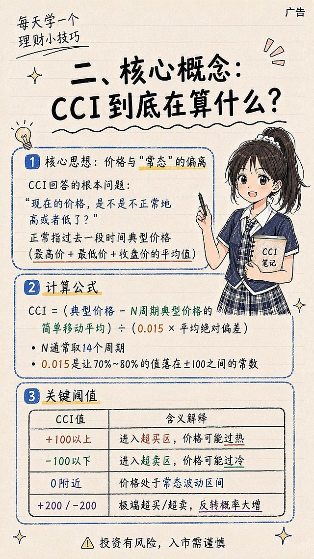 参考图的手绘笔记本风格，竖版理财知识科普图，顶部写“每天学一个理财小技巧”，大标题为“二、核心概念：CCI到底在算什么？”，右侧有扎马尾穿JK制服的卡通女生讲解，内容分三点：1.核心思想：价格与'常态'的偏离，配文字“CCI回答的根本问题：'现在的价格，是不是不正常地高或者低了？'正常指过去一段时间典型价格（最高价+最低价+收盘价的平均值）”；2.计算公式：CCI = (典型价格 - N周期典型价格的简单移动平均) ÷ (0.015 × 平均绝对偏差)，标注N通常取14个周期，0.015是让70%~80%的值落在±100之间的常数；3.关键阈值表格：CCI值+100以上=进入超买区价格可能过热，-100以下=进入超卖区价格可能过冷，0附近=价格处于常态波动区间，+200/-200=极端超买超卖反转概率大增。底部有“⚠️ 投资有风险，入市需谨慎”，右上角“广告”，米黄纸张手绘风格，手写字体
