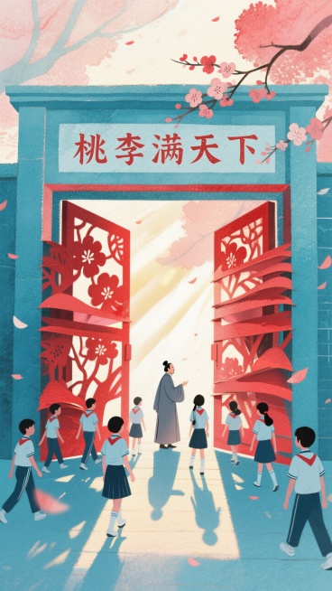 多层红色剪纸叠成立体校门，人物：老师学生，门上标题：桃李满天下，阳光穿透刻出历代师生剪影投影。中国红渐变与镂光效果，阴影构成桃李图案飘落。预览效果