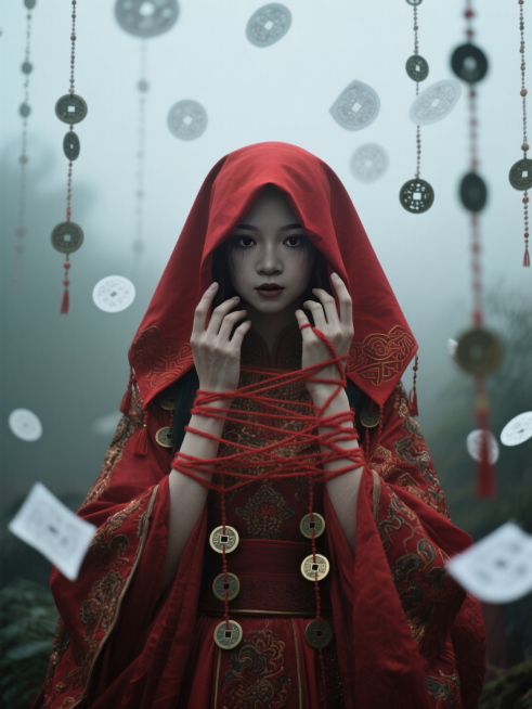 人物海报，全身，弥散渐变，色彩饱满有层次。 模糊深色背景，画面昏暗，阴冷。复古华丽红嫁衣新娘，头上盖着红盖头，手指缠着红线，诡异民俗风格，红线，小铜钱，流动感，神秘，氛围感拉满，模糊雾气，冷色调。天空预览效果