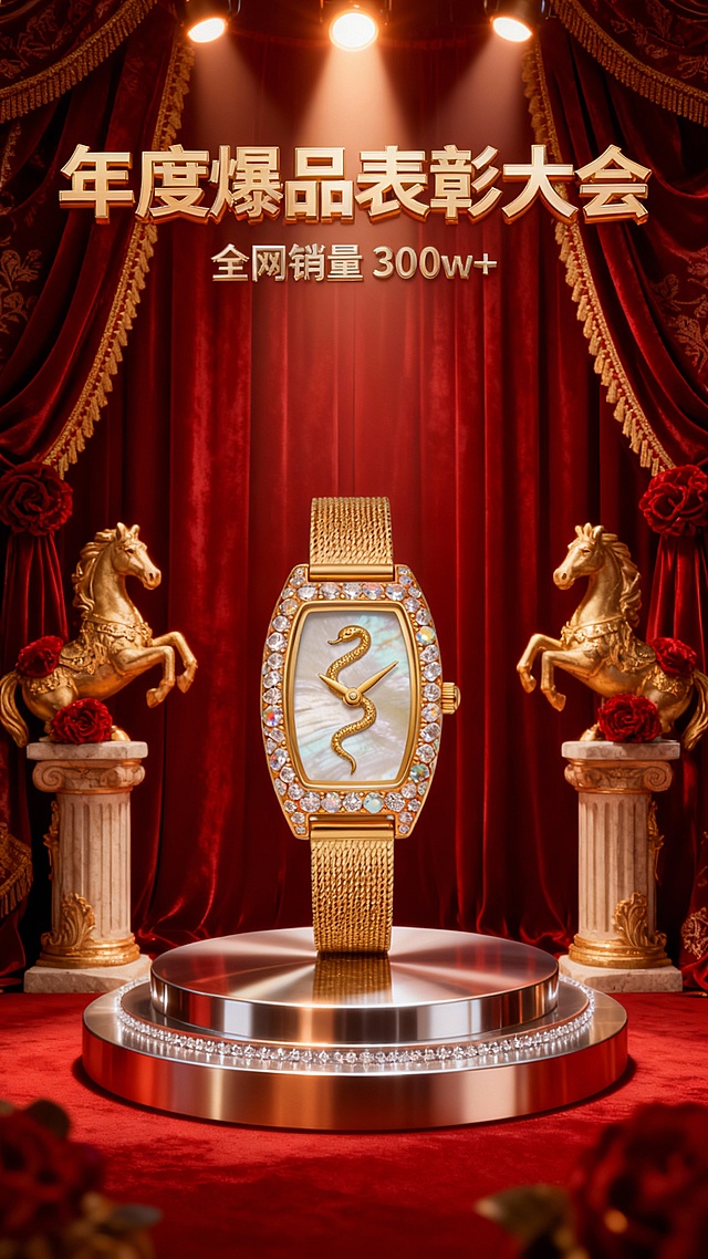 写实风，奢华感，舞台下方仰视视角。主体位于舞台中央的双层金属圆形展台上（占 30% 视觉比例，上层镜面抛光、下层拉丝金属，边缘镶嵌细小水晶），表盘通透反光，表带纹理清晰，顶部暖色聚光灯精准打光形成高光点。背景为垂坠感红色丝绒幕布（装饰金色走线与暗纹提花，褶皱层次丰富），两侧装饰华丽金马造型欧式石柱（前景左右对称，马身鎏金雕花，柱头带红色绒布花饰）。画面上方为 3D 金属细体亮金色文字 “年度爆品表彰大会”，副标题金属小字 “全网销量 300w+”。整体光影强烈、质感厚重，呈现高端腕表的奢华仪式感。