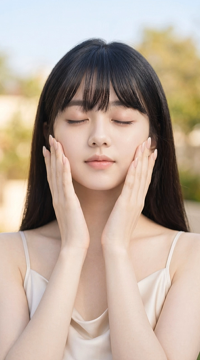 5 秒 TVC 广告短片，户外柔光自然光，浅景深特写镜头，从人物胸口缓慢匀速向前推镜头聚焦脸部，女孩闭着双眼双手轻贴脸颊缓慢轻柔摩挲肌肤，细腻水光奶油肌，皮肤通透水润有自然光泽，发丝柔顺黑亮，米白色缎面吊带，郊外绿植虚化背景，柔和漫射日光，索尼 A7R5 50mm f1.8，高清 8K，电影级柔和调色，肌肤毛孔细腻真实，光影顺着面部轮廓缓慢流动，画面丝滑无抖动，极致肤感特写，护肤美妆大片质感，全程缓慢推进只聚焦面部水光质感