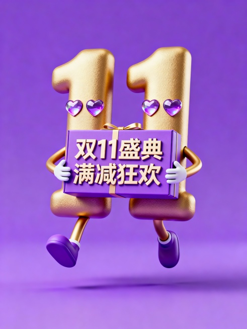 3D 风格，膨胀风格的“11”，拟人化图标，两个爱心眼带淡紫反光，双手捧着美妆礼盒，盒子上写着 “双11盛典 满减狂欢”，整体元素跳起来；膨胀质感为哑光磨砂，紫 + 金促销配色，纯紫色背景预览效果