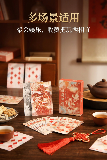 2:3 竖版电商详情图，严格还原上传的好运锦鲤国风扑克牌产品图，包括朱红包装、水墨锦鲤插画、金色 “好运锦鲤” 文字、品牌标识等所有设计细节，产品在真实物理空间里与其他物体的大小关系视觉协调，比例保持预览效果