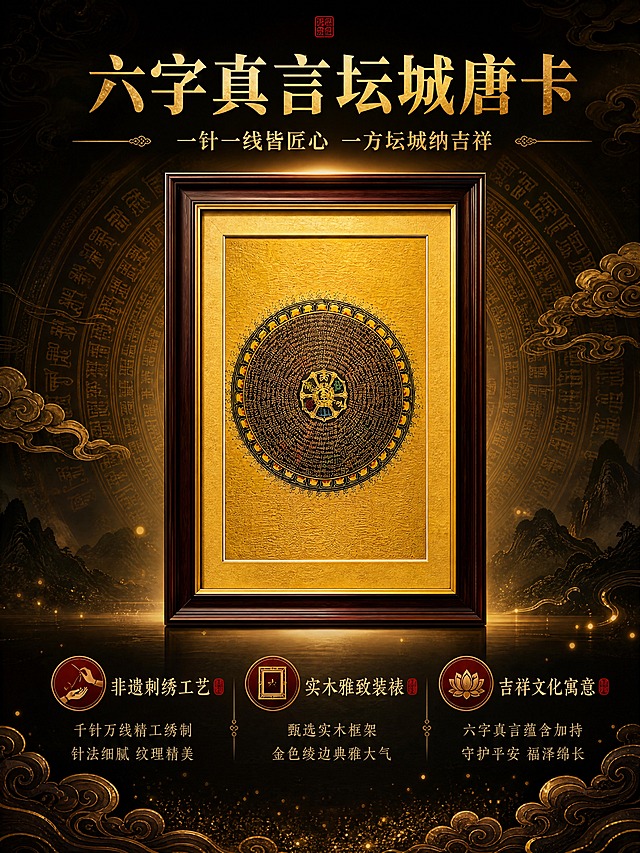 [商品] 使用【图2】六字真言坛城唐卡；保留金色圆形坛城纹样、黑底金字刺绣纹理、深棕色实木画框+金色绫边装裱结构，确保图案比例、颜色、刺绣质感真实还原。
[画面] 页面目标：坛城款主视觉展示，突出产品全貌与刺绣细节之美。构图：居中对称构图，唐卡主体居中悬挂，占画面60%；上方大标题，下方留白放卖点文案。场景：新中式禅意空间，暗金色肌理背景，背后隐约浮现六字真言经轮暗纹与祥云图案。前景底部点缀金色光粒与云纹装饰，中景唐卡悬浮于柔光之中，远景深色渐变+暗纹。
[视觉] 套系策略：风格=新中式国风高端商业摄影+黑金禅意美学；标题字=宋体衬线粗体烫金效果；正文字=简洁宋体/楷体；主色=暗金+玄黑；背景延展=基于暗金与玄黑做深浅层级、同色渐变和祥云/经轮暗纹质感；强调色=朱砂红，仅用于小面积印章、图标、引线和标签；标题色=烫金色；正文色=暖金色；组件=祥云纹分割线、回纹边框、印章式图标；光影=顶部聚光打亮唐卡中心，四周暗角，暖金色轮廓光勾勒画框边缘。
[文字] 顶部居中主标题"六字真言坛城唐卡"，副标题"一针一线皆匠心 一方坛城纳吉祥"；唐卡下方左右分布3个卖点：非遗刺绣工艺、实木雅致装裱、吉祥文化寓意，每个卖点配小图标与简短说明。文字均为横排。
[规格] 图片比例3:4竖版，4K，负向提示：避免变形、错字、文字过小、冷蓝/蓝灰背景、坛城图案失真、刺绣纹理丢失、画框变形、颜色偏差。