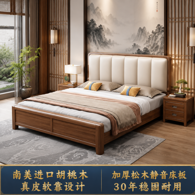 保持原图中真皮软包胡桃木床的款式、角度、颜色、材质完全不变，仅将卧室背景更换为国潮新中式装修风格，新中式背景包含水墨山水装饰画、原木格栅隔断、灰色祥云纹理地毯，整体空间搭配新中式木质床头柜和绿植点缀，预览效果