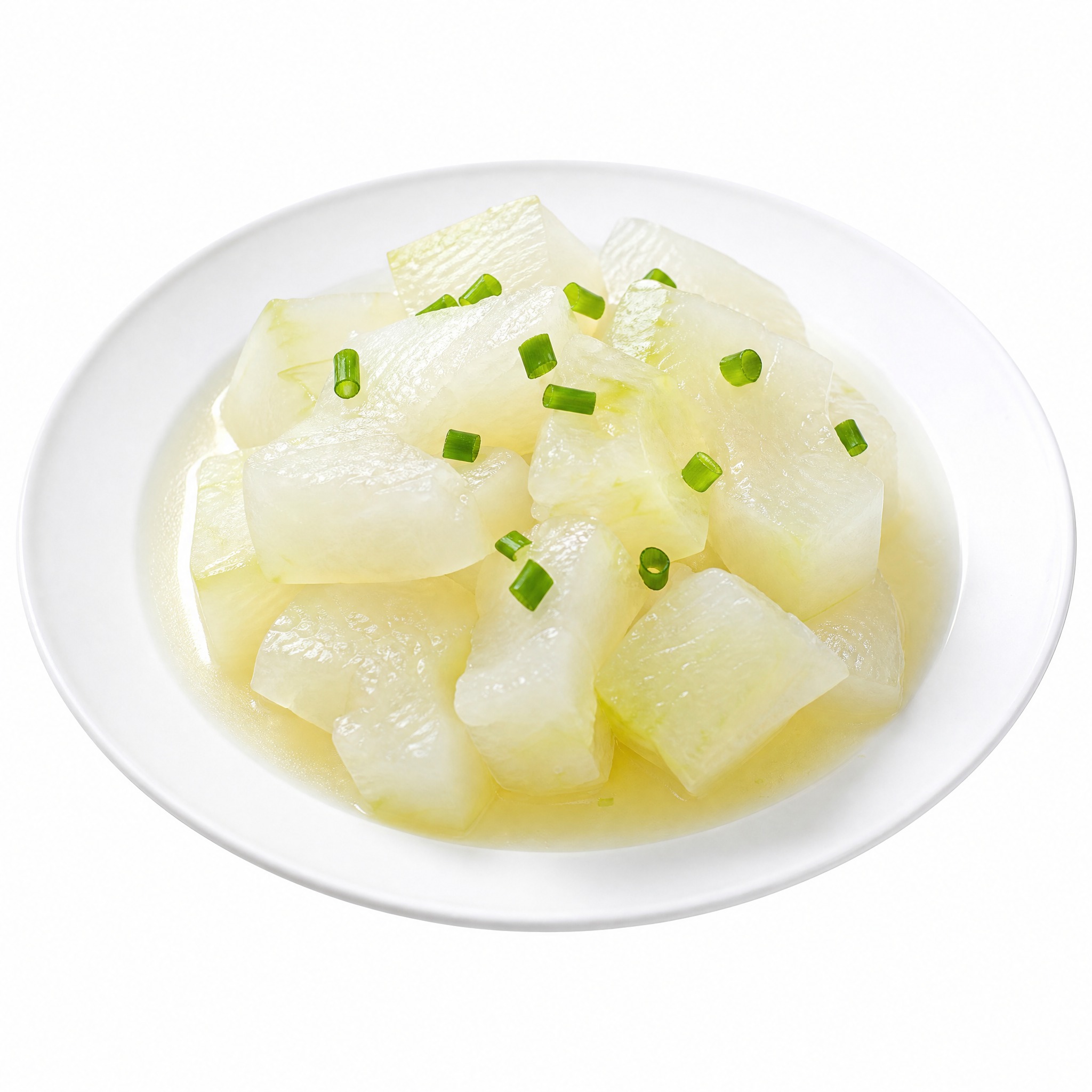 蒸冬瓜，切块的冬瓜蒸熟后放在白色盘子里，瓜肉洁白透明，质地软嫩… - 图片创意预览