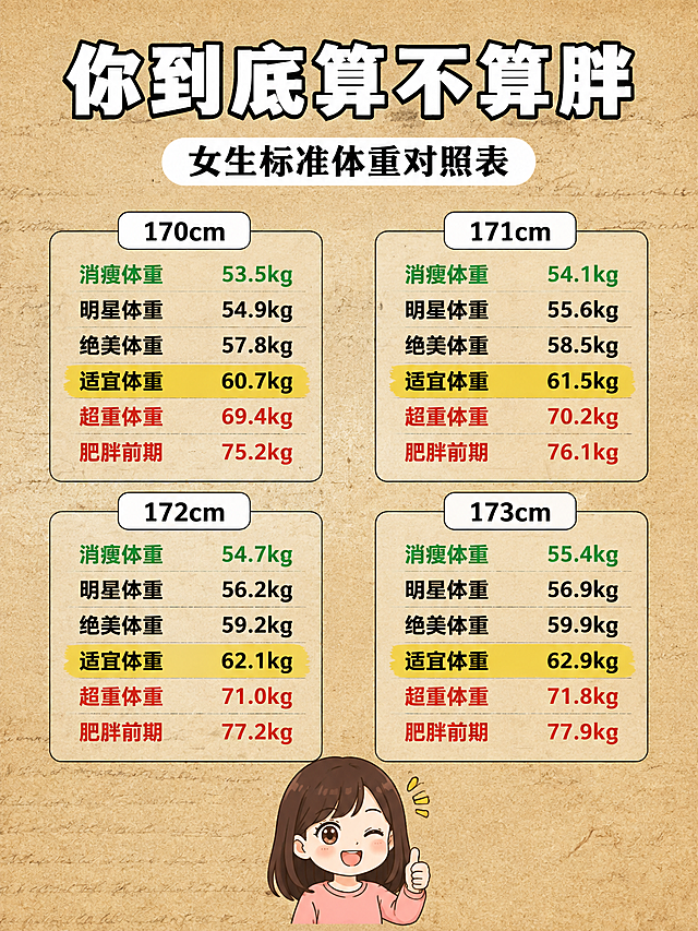 小红书减脂科普内页，信息图，复古牛皮纸风格，版式精美，小红书笔记内页质感，信息层级清晰。画面比例3:4竖版，四周留8%安全边距。

背景：牛皮纸纹理背景，偏黄棕色#D4B896，表面有不规则手写文字暗纹和纸张纤维纹理，质感类似复古羊皮纸，纹理细腻均匀无渐变。

文字层级（逐字锁定，不得增删改字）：
1. 画面顶部居中主标题：「你到底算不算胖」，白色字+3px黑色外描边，仓耳丰黑超粗黑体，字号占画面宽度约75%，字形饱满有力。
2. 主标题下方一个白色#FFFFFF圆角胶囊标签，胶囊内思源粗宋粗体黑色字：「女生标准体重对照表」，胶囊水平居中。
3. 中部左右等分为两栏，每栏2个身高卡片纵向排列，卡片之间留宽松间距；所有卡片等大等距，左右两栏水平基线对齐。

每个身高卡片结构：顶部一个白色#FFFFFF圆角胶囊内思源粗宋粗体黑色字显示身高，下方6行体重档位纵向均匀排列，每行左侧档位名、右侧数值，档位颜色规则：
- 「消瘦体重」用翠绿色#2ECC71粗体
- 「明星体重」「绝美体重」用黑色粗体
- 「适宜体重」用芥末黄色#E8C84A荧光笔色块高亮+黑色粗体
- 「超重体重」「肥胖前期」用朱红色#E05A47粗体

左栏卡片：
第一卡（身高170cm）：
消瘦体重 53.5kg
明星体重 54.9kg
绝美体重 57.8kg
适宜体重 60.7kg
超重体重 69.4kg
肥胖前期 75.2kg

第二卡（身高172cm）：
消瘦体重 54.7kg
明星体重 56.2kg
绝美体重 59.2kg
适宜体重 62.1kg
超重体重 71.0kg
肥胖前期 77.0kg

右栏卡片：
第一卡（身高171cm）：
消瘦体重 54.1kg
明星体重 55.6kg
绝美体重 58.5kg
适宜体重 61.5kg
超重体重 70.2kg
肥胖前期 76.1kg

第二卡（身高173cm）：
消瘦体重 55.4kg
明星体重 56.9kg
绝美体重 59.9kg
适宜体重 62.9kg
超重体重 71.8kg
肥胖前期 77.9kg

插画元素：画面底部配一个Q版卡通女生头像，齐肩发、粉色上衣、圆脸，竖大拇指表情，可爱元气风格，尺寸适中不抢主体。

整体氛围：减脂科普、复古牛皮纸质感、数据表格清晰、排版工整对齐。画质：高清细腻，4K分辨率，文字清晰无锯齿，无二维码、无logo、无水印、无品牌名、无假英文、无乱码，所有文字精准无错字，引号内文字原样呈现。