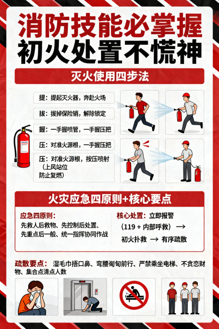 消防实操知识科普海报，主标题“消防技能必掌握 初火处置不慌神”，上半部分展示灭火器使用四步法：提：提起灭火器，奔赴火场；拔：拔掉保险销，解除锁定；握：一手握喷管，一手握压把；压：对准火源根，按压喷射（预览效果