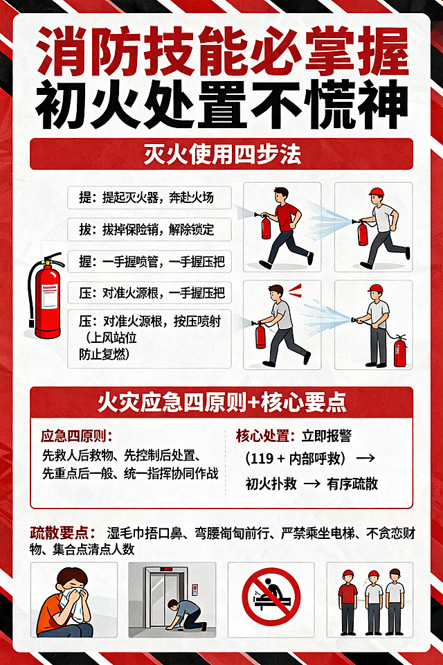 消防实操知识科普海报，主标题“消防技能必掌握 初火处置不慌神”，上半部分展示灭火器使用四步法：提：提起灭火器，奔赴火场；拔：拔掉保险销，解除锁定；握：一手握喷管，一手握压把；压：对准火源根，按压喷射（上风站位 防止复燃），搭配对应动作示意图；下半部分展示火灾应急四原则 + 核心要点：应急四原则：先救人后救物、先控制后处置、先重点后一般、统一指挥协同作战；核心处置：立即报警（119 + 内部呼救）→ 初火扑救 → 有序疏散；疏散要点：湿毛巾捂口鼻、弯腰匍匐前行、严禁乘坐电梯、不贪恋财物、集合点清点人数，整体风格清晰明了，配色使用红、白、黑警示色系，图文结合，排版规整