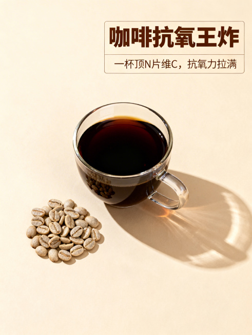 简约高级ins风，浅米色哑光质感背景，画面正中央放置一杯盛在透明玻璃杯中的黑咖啡，旁边散落一小堆浅烘咖啡豆，质感清晰自然，暖调柔光均匀洒在咖啡和咖啡豆上，呈现细腻的光影层次。画面右侧搭配极简无框文字板预览效果