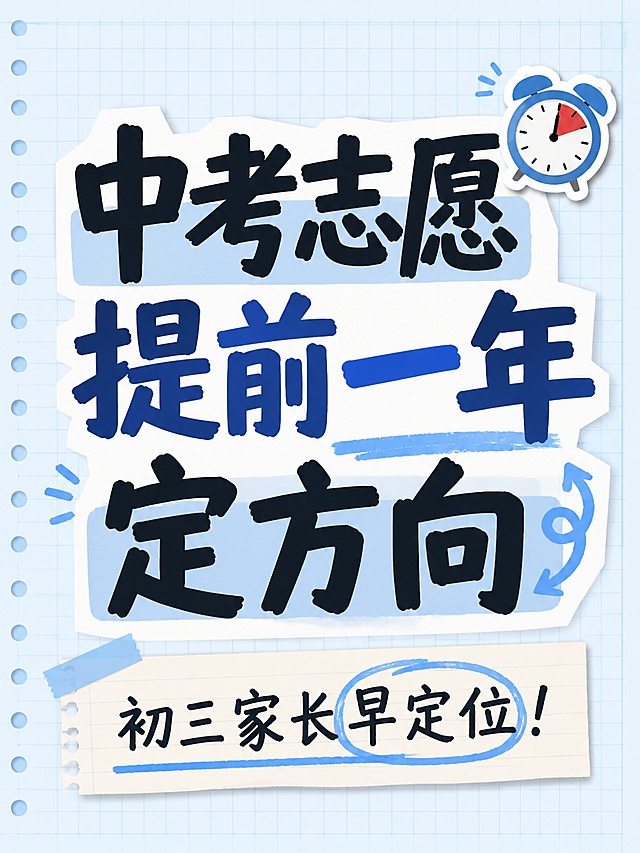 小红书笔记大字封面，纯大字，手账拼贴，版式精美，小红书笔记封面质感，适合信息流点击。主标题必须完整呈现且为画面视觉中心，逐字锁定：「中考志愿 提前一年定方向」。主标题字号占画面约 55% 视觉权重，清晰可读，不得增删改字。副标题：「初三家长早定位！」。背景：浅蓝笔记纸带网格纹理。标题排版：马克笔手写粗标题，关键词加浅蓝色块底框，采用纯大字P11策略。装饰：倒计时 emoji 贴纸 1个放在主标题右上角；另加手绘圈点装饰，位置与数量克制、不抢主标题。整体氛围：教育备考、清晰醒目，给家长提醒。画质：高清细腻，信息层级清晰，主标题与背景强对比，文字完整处于安全区内不可裁切，四周留安全边距。画面比例 3:4，4K。