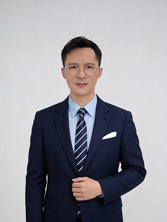 参考第一张图保留人物脸型､发型､年龄等特征生成职场形象照,参考第二张图人物占位和比例,标准焦段50mm,f/4光圈(f/2.8f/4区间),平视视角(镜头与人物视线齐平);人物占画面70%,人物居中(居中构图),位于画面中心,为视觉聚焦点,入境范围头部及以下至臀部下方10cm(半身像);左右留少量背景空间;头部与画面顶部保留5%空间;头部发型完整,头肩比例协调;身着藏蓝色单排扣精纺羊毛西装外套(细腻哑光肌理感,单粒扣扣合状态),内搭浅蓝色纯棉尖领衬衫,搭配藏蓝底白色斜条纹真丝领带,左胸口袋配有白色丝质口袋巾,微微露出白色一角;身体正面朝向镜头,左手自然轻搭在西装前襟位置,右手自然垂于身侧,肩部放松,眼神沉稳直视镜头,嘴角平直,表情严肃自信,展现专业､沉稳､可靠的职场精英气质;发丝整齐服帖,面部干净清爽,无明显妆容,肤色均匀细腻,呈现哑光质感;背景为浅灰色纯色背景为浅灰色纯色背景,整体光线均匀柔和;画质为超高清精细质感(清晰呈现衬衫面料纹理与面部细节),中度锐化,画面纯净无噪点,严格按照原图内容生成｡主体锐利,背景光线均匀柔和,强化色彩对比的高级感｡32k画质超高分辨率､细节清晰,现代精致感风格;肤质精细化处理;眼神直视镜头,目光坚定且澄澈,表情自然｡面部光比1:1.5,4800k中性光,微微修饰脸型,肤质哑光细腻,面部雾面柔光,轻透裸肌感,真实毛孔纹理,去除人物之外的所有元素｡