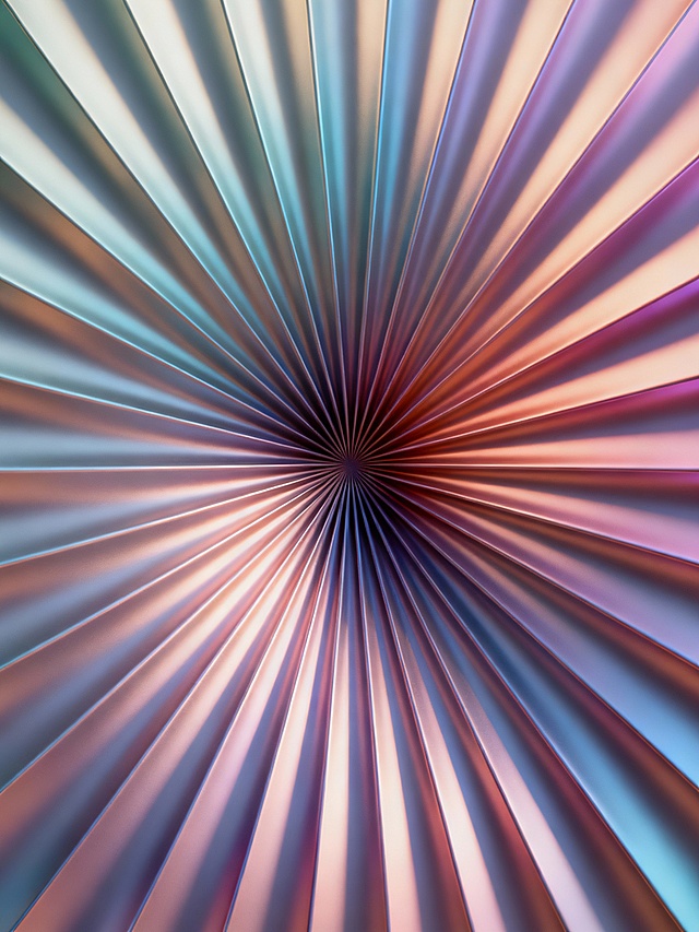 具有强烈3D立体质感的抽象形态，整体呈现出从中心向四周发散的放射状结构，表面有细腻的渐变色彩过渡和清晰的光影层次，高光与阴影对比鲜明以凸显立体感，放射线条具有均匀的粗细变化和流畅的曲线美感，整体构图平衡且富有动态张力。