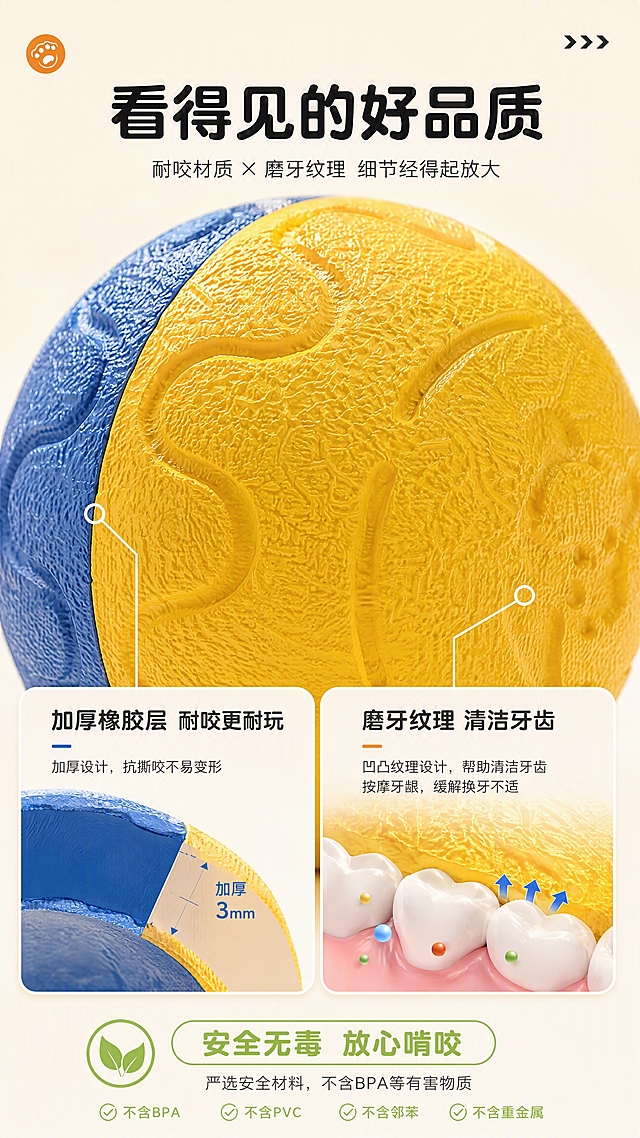 [第4张] 细节质感页-耐咬材质与磨牙纹理微距特写。本张使用【图1】作为产品主体。
[氛围/风格] 品质细节展示风，微距质感，干净通透，突出材质工艺。
[元素布局] 主视觉是玩具球的超大微距特写，占据画面上半部分，清晰展示球体表面的凹凸纹理和橡胶材质颗粒感，能看到细密的纹理和弹性质感。下方两个圆角细节卡片：左侧卡片展示加厚橡胶层截面示意图（表现耐咬厚度），右侧卡片展示磨牙纹理的作用原理（清洁牙齿按摩牙龈）。用细引线从主图指向对应细节。底部有安全材质标识和简短结论。
[光影质感] 侧逆光打在球体表面，突出纹理的凹凸立体感和橡胶材质的微光泽，微距细节清晰锐利。
[配色色系] 全局底色 #FFFAF0 浅奶白色；主色活力橙 #FF8C42；辅助色草绿 #7CB342（安全材质）+ 天蓝 #4A90D9；白色圆角卡片。
[视角构图] 上大特写下细节卡，阅读动线顶部材质微距 → 中部细节卡片 → 底部安全结论。
[文字版式] 顶部主标题「看得见的好品质」，圆润粗黑体；细节卡片内有小标题+1行说明，引线标注清晰；底部「安全无毒 放心啃咬」绿色结论条。文字清晰，不遮挡核心纹理区域。
[比例分辨率] 9:16 竖版比例，4K分辨率，文字清晰可辨，材质细节锐利。
[负向提示词] 变形，水印，文字错乱，文字过小，产品图模糊，平台Logo，编造医疗功效，绝对化用语。