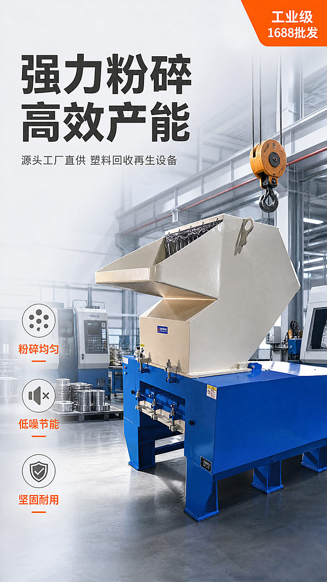 [第1屏] 详情页头图-工业塑料粉碎机产品宣传海报。本屏使用图1作为商品主体，保持塑料粉碎机蓝白配色、刀腔进料斗的整体物理结构、关键部件位置、材质质感与原图一致。[氛围/风格] 专业工业风，工厂车间实景背景，冷调光线，商业摄影质感，专业沉稳，突出产品工业属性。[元素布局] 塑料粉碎机放置在画面右侧中区域，占据画面65%-70%主体。背景为现代化工业生产车间场景，包含机床、金属工件、吊装钩等3种以上工业元素，左侧预留充足文字区域，整体通透干净，产品轮廓清晰。[光影质感] 左侧柔和主光照亮产品机身，右侧打出环境轮廓光，机身蓝色油漆和米白色进料斗呈现清晰金属质感，底部形成自然投影，整体明暗层次分明。[配色色系] 全局底色：#F0F2F5（浅灰蓝）；主体配色：#2478E0（机身蓝色）+#F0F0F0（进料斗米白）；辅助色：#333333（标题深灰）+ #FF6B00（橙色点缀）。[视角构图] 正面微仰视构图，产品位于画面右侧，左侧完整留给标题和卖点，从上到下阅读动线流畅。[文字版式] 左上主标题「强力粉碎 高效产能」粗体深灰字，字号约占画面宽度8%，左对齐；副标题「源头工厂直供 塑料回收再生设备」浅灰色小字，字号为主标题35%，主标题下方左对齐；左下区域三个竖向排列卖点图标：「粉碎均匀」「低噪节能」「坚固耐用」，每个卖点配灰色小图标+橙色高亮文字，文字清晰不遮挡产品；右上角添加小角标「工业级 1688批发」，整体排版简洁专业。[比例分辨率] 9:16竖版比例，4K分辨率，所有文字清晰可辨，移动端可读。[负向提示词] 产品变形，结构错误，缺件错件，颜色偏差，水印，文字错乱，背景杂乱，文字模糊，违规宣传用语。