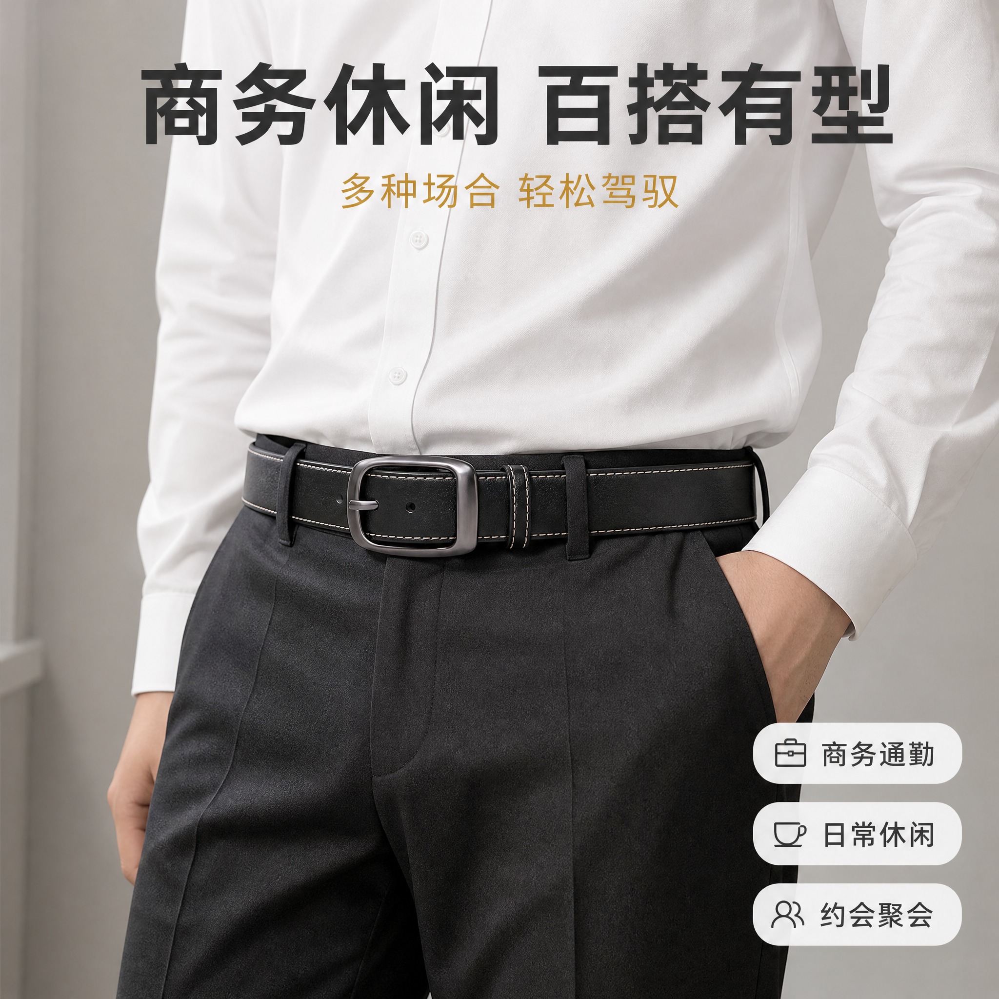 [主图-3] 男士皮带商务休闲穿搭场景图，展示上身效果和百搭特… - 图片创意预览