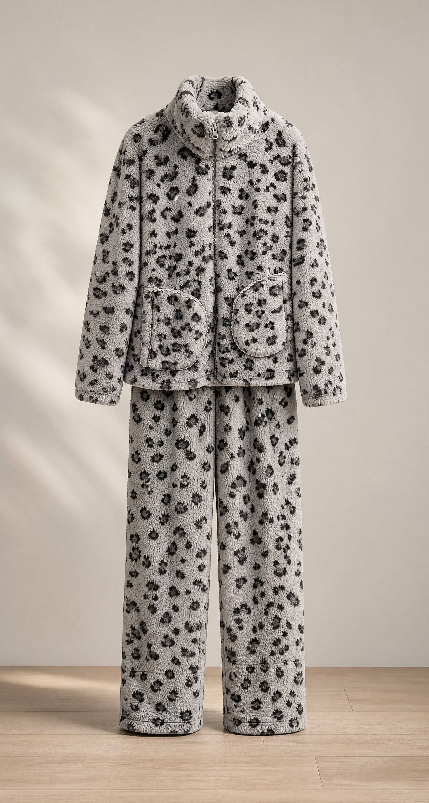 灰色豹纹法兰绒立领拉链家居服套装，详情页版型展示，宽750高1… - 图片创意预览