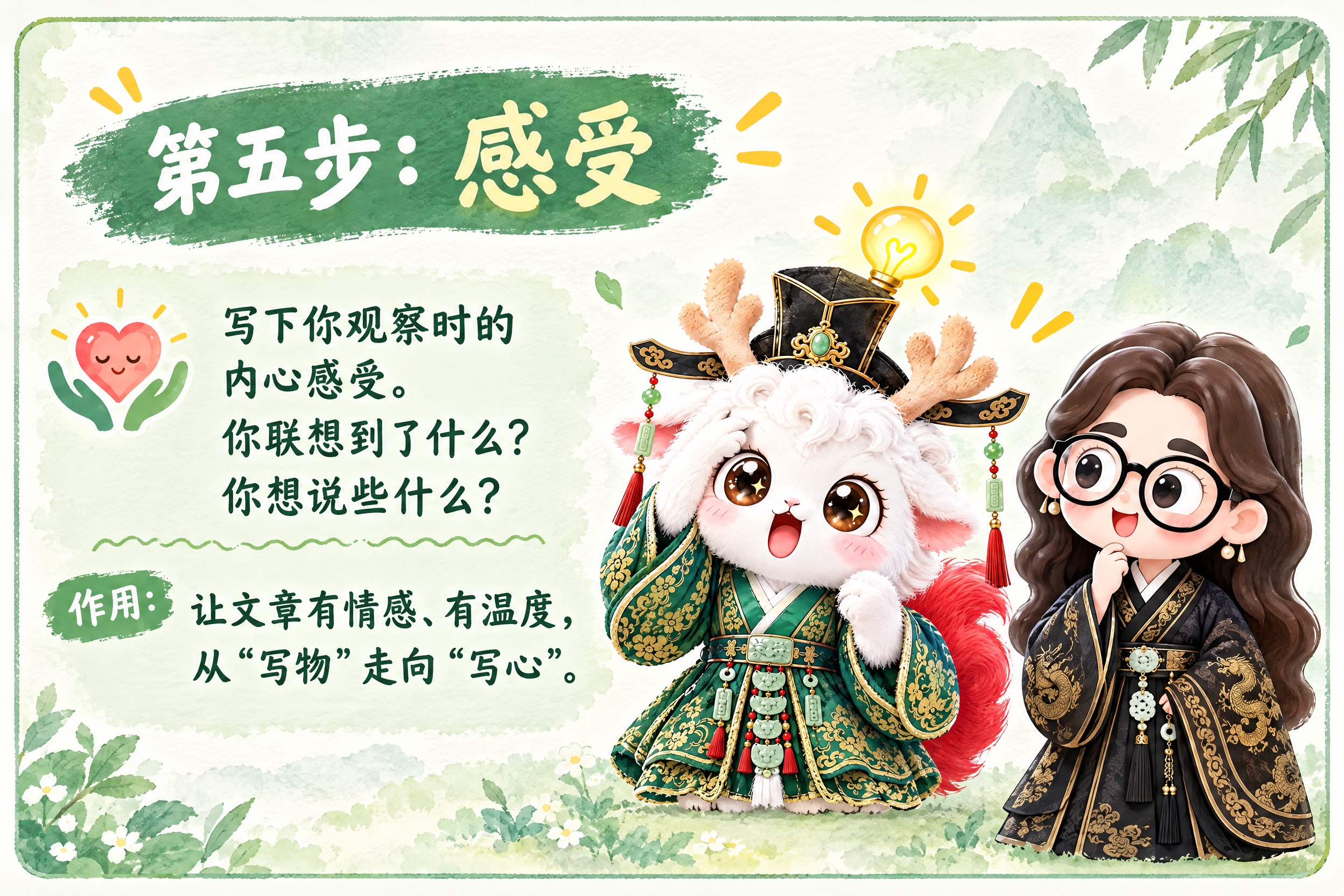 横版6寸比例的知识卡片设计，标题为"第五步：感受"，内容为：写… - 图片创意预览