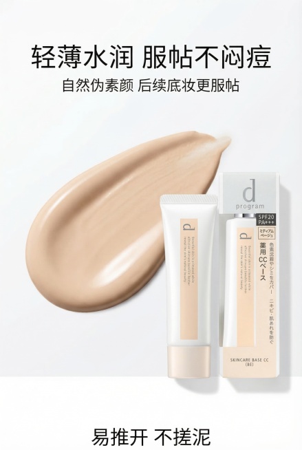 日系极简高级感排版，白色背景，中央展示挤出的d program安肌心语敏感肌妆前乳质地，要求轻薄水润、哑光质感，与对应色号管身颜色一致，旁边放置半支产品管身，严格还原上传的产品图，包括包装设计、颜色、预览效果