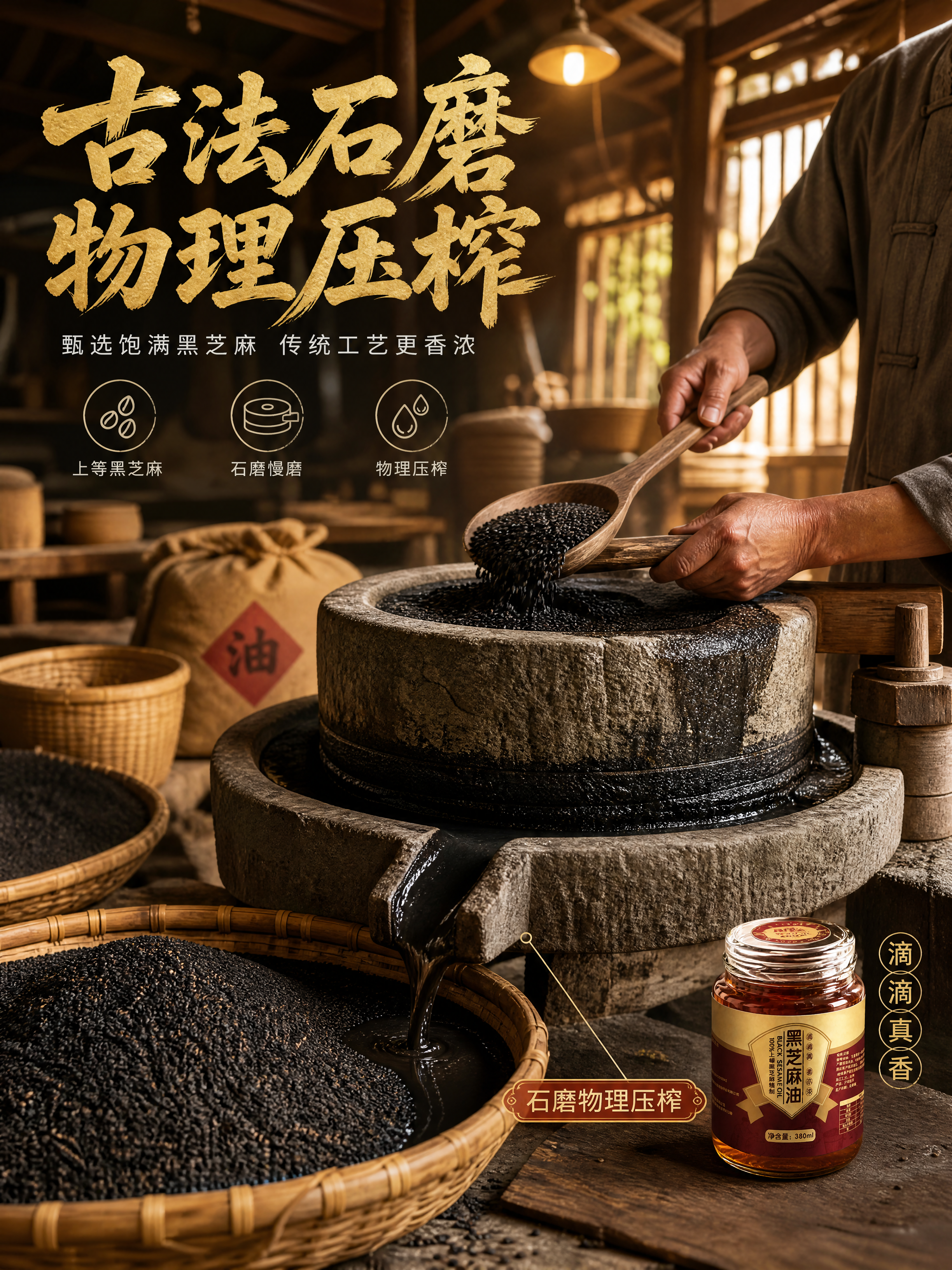 [商品] 使用【图1】黑芝麻油玻璃瓶；保留玻璃瓶外形、红金标签… - 图片创意预览