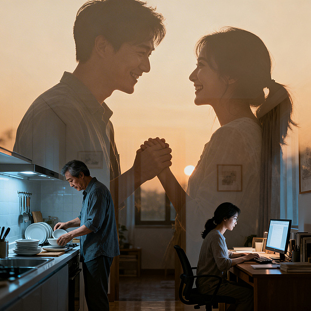 一张创意合成图。前景是现今中年夫妻略显平淡、各自忙碌的日常生活场景：一个在厨房收拾碗筷，一个在书桌前看电脑，色调偏现实清冷。在这个场景之上，以半透明、温暖怀旧的色调叠加一幅他们年轻时甜蜜牵手相视而笑的模糊剪影，寓意过往的温暖与当下的日常交织，写实创意合成风格，光影过渡自然，氛围感到位。