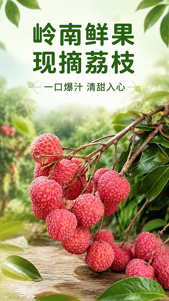 [第1屏] 详情页头图-新鲜荔枝场景氛围宣传图，本屏使用【图1】作为商品主体。
[氛围/风格] 清新自然生鲜风，清甜治愈氛围感，商业生鲜摄影质感。
[元素布局] 荔枝主体占画面中下区域，占比约65%-75%；上方预留标题区域，背景保留虚化果园绿植，前景点缀几片新鲜荔枝叶，荔枝的结构、果壳纹理、颜色和输入产品图保持一致。
[光影质感] 自然光从左侧照射，右侧自然投影，果壳保留清晰高光，整体明亮通透体现新鲜度。
[配色色系] 全局底色 #f2f9f0，主色为荔枝自然红与果叶绿，辅助色浅绿背景。
[视角构图] 正面平视，荔枝为绝对视觉中心，阅读动线从上到下，标题→产品主体。
[文字版式] 版式为上标题 + 中下产品。主标题「岭南鲜果 现摘荔枝」，副标题「一口爆汁 清甜入心」，圆角黑体字居中对齐；主标题深绿，副标题浅绿渐变；下方点缀淡绿色装饰线条，文字不遮挡荔枝主体。
[比例分辨率] 9:16竖版比例，4K分辨率，文字清晰可辨，高清画质。
[负向提示词] 荔枝变形，缺件错件，颜色偏差，水印，文字错乱，产品图模糊，极限词，虚假宣传。