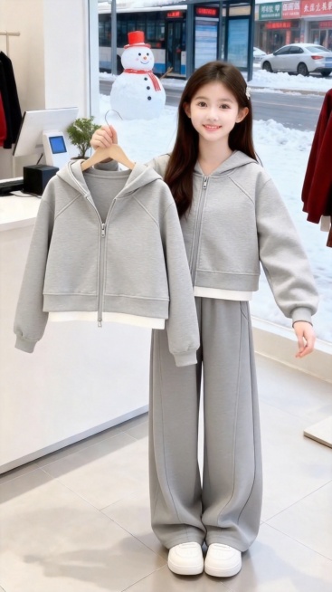 用图1衣服裤子替换掉挂图2模特穿的衣服裤子和手中衣架上挂着的衣服，保留原场景光影，保持图2的人物的五官和发饰不变，姿势不变，背景不变，图片宽高尺寸不变，保持图1衣服裤子的款式和颜色不变预览效果