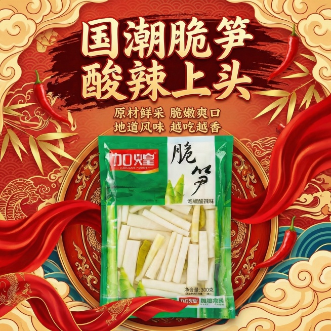 将“0添加防腐剂 吃得更安心 健康放心 放心享用”替换为“原材鲜采 脆嫩爽口 地道风味 越吃越香”，字体风格保持国潮金色样式预览效果