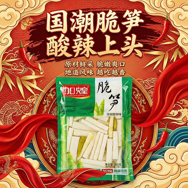 将“0添加防腐剂 吃得更安心 健康放心 放心享用”替换为“原材鲜采 脆嫩爽口 地道风味 越吃越香”，字体风格保持国潮金色样式