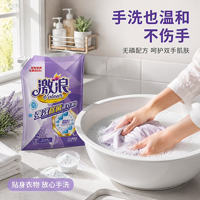 [主图-16] 激浪洗衣粉手洗场景图，女性手部轻柔洗涤真实感。
[氛围风格] 温馨居家感，柔和洁净，突出手洗温和不伤手。
[画质] 商业摄影质感、光线柔和、产品清晰真实、画面干净高级。
[元素] 明亮的洗手台场景，白色陶瓷洗手盆中盛着温水和丰富的白色泡沫，一件浅色棉质T恤浸在水中。一位女性的双手（仅手部和小臂）正在轻柔搓洗衣物，动作自然柔和。洗手台左侧放着激浪洗衣粉立袋（正面展示），旁边有透明量勺和散落的洗衣粉颗粒。台面上还有一小束薰衣草和一块干净的白色毛巾。背景是浅灰色墙面和白色小瓷砖，墙上有一个小置物架，放着几瓶洗护用品。窗户透进柔和的自然光。**保持洗衣粉产品外观（即物理结构、材质质感、颜色、包装图案）与输入产品图一致，杜绝任何变形和色差，精细化处理；产品融入场景光影自然，底部有真实接触阴影**。商品主体占比约35%。画面禁止出现多余的手、多余的手指、畸形手、融合手指、手部扭曲、肢体穿模、人物面部扭曲、关节反折。
[光影] 左侧自然光为主光，柔和洒入形成温暖明亮的日间氛围；泡沫有晶莹高光，水面有柔和反光；整体光比舒适，手部皮肤质感自然。
[配色] 主色调洁净白+浅灰；辅助色薰衣草紫+肤色+清新绿。
[视角构图] 微俯视视角，洗手盆和手部动作为视觉中心；产品在左侧台面上；景深中等，背景适度虚化突出主体动作。
[文字版式] 右上区域文字，大字主标题"手洗也温和 不伤手"，紫色粗体最大号无衬线；下方副文案"无磷配方 呵护双手肌肤"，深灰色约半高。左下区域浅紫圆角标签，白字"贴身衣物 放心手洗"。所有文字放在负空间，不遮挡产品和手部动作。
[输出要求] 1:1比例，文字清晰锐利可辨，超高清商业摄影质感。
[负向提示词] 变形，文字错乱，产品图模糊，背景杂乱，水印，电商平台Logo，多余的手，畸形手，人物面部扭曲，关节反折，肢体穿模。