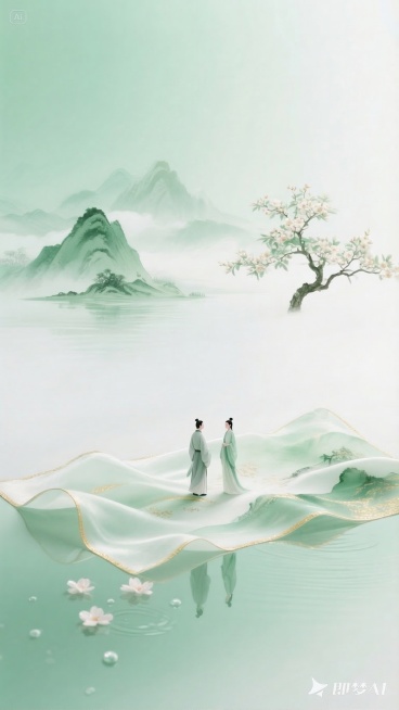 去掉画面中的画轴，保留其他所有内容，风格元素不变，依旧是新中式青绿山水风格，保留展开的丝绸画卷、两个古装人物、水面倒影、花树山水背景预览效果