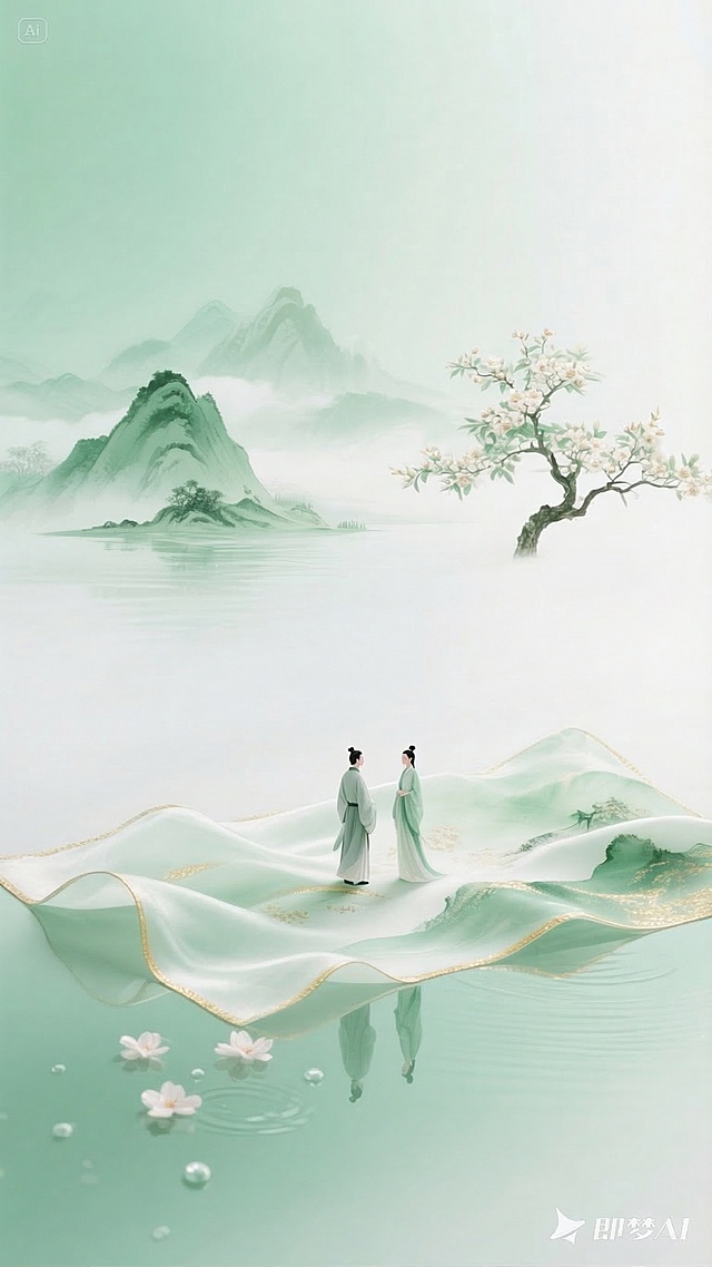 去掉画面中的画轴，保留其他所有内容，风格元素不变，依旧是新中式青绿山水风格，保留展开的丝绸画卷、两个古装人物、水面倒影、花树山水背景