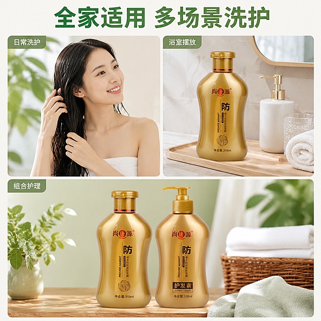 [主图-4] 多场景适用展示，帮助用户判断适配性。
[氛围风格] 小清新生活化风格，自然真实，代入感强；
[画质] 高清商业摄影，光线自然，画面干净，风格统一；
[元素] 采用宫格构图，分为三个小场景宫格：左上为女生洗头后梳理发丝的自然场景，展示使用场景；右上为洗发露放置在浴室洗漱台的日常场景；下方为搭配护发素的完整洗护组合场景，尚康源洗发露产品在每个场景都保持外观不变，自然融入。
[光影] 每个场景都使用柔和自然光，整体光影统一，自然温馨，不突兀。
[配色] 整体浅色调，浅木+浅绿+米白，保持小清新风格，产品金色主体在每个场景都突出。
[文字版式] 顶部大标题 "全家适用 多场景洗护"，绿色粗体居中；每个宫格角落标注对应场景名称："日常洗护" "浴室摆放" "组合护理"，小字简洁。
[输出要求] 1:1 比例，文字清晰，每个场景自然，产品一致不变形。
[负向提示词] 变形，文字错乱，场景杂乱，产品变形，水印，平台Logo。