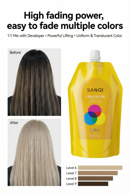 高级美发专业杂志风电商详情第四屏，核心卖点1-高褪色力，严格还原三崎 SANQI 褪色净彩漂膏产品图，包括包装设计、颜色、LOGO 位置、文字内容、图案元素等所有细节，产品尺寸比例保持 1:1。主标题预览效果