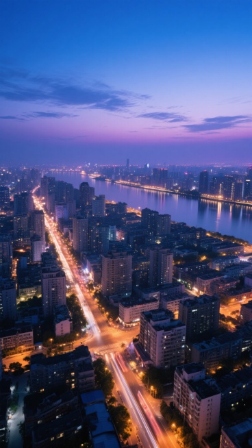 城市夜景航拍，从高空俯瞰城市全景，城市建筑密集排列，道路上的车灯形成流动的光带，远处的河流倒映着岸边的灯光，天空呈现出渐变的深蓝色，带有淡淡的云彩，整体画面干净整洁，色彩以蓝紫色调为主，灯光温暖明亮，适合作为背景素材使用。预览效果