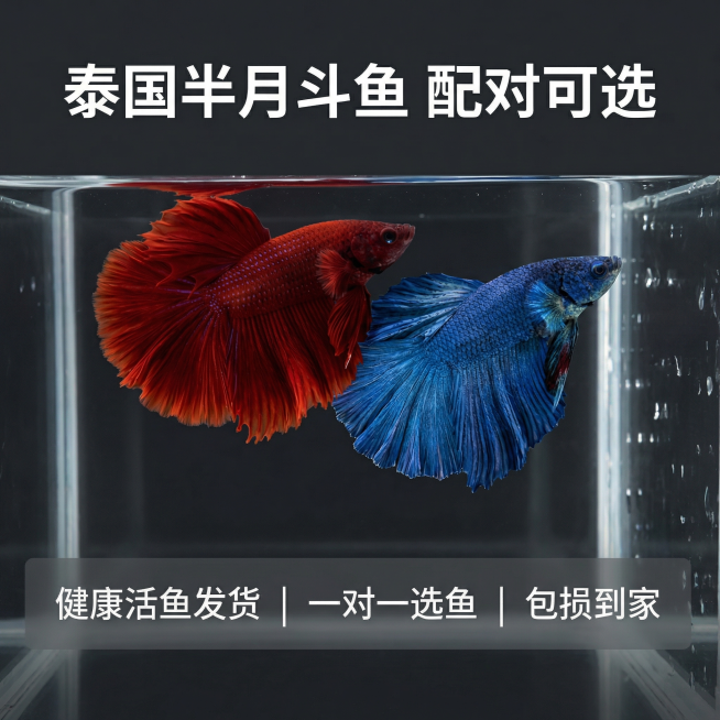 [主图 10] 服务承诺收尾图
[氛围/风格] 简洁干净，信任传递
[画面元素] 将大红袍和大蓝袍两条斗鱼合照放置在画面中心偏上位置，背景干净，底部预留区域放置服务承诺文案，整体布局简洁，突出产品主体预览效果