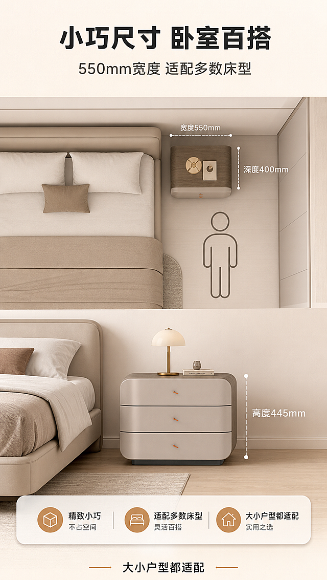 [商品] 使用【图1】DL-8832床头柜；保留圆润弧形边角、三抽抽屉结构、胡桃木色侧板+浅米色马鞍皮抽屉面+深灰色底架、长条形金属拉手；商品处理：保持产品外观、颜色、结构、比例完全一致。
[画面] 目标：空间尺度与占地展示，尺寸利益可视化。上文下景构图，顶部约1/5为文案标题区，下方约4/5为卧室空间俯视+侧视结合的尺度示意；床头柜放在床侧，用白色虚线+数字标注长宽高尺寸（550×400×445mm），旁边有一个人形比例参照（简化剪影）体现空间感；背景为浅米色平面示意图风格，简洁清晰。
[视觉] 套系策略：风格=现代轻奢亮调商业摄影；标题字=现代简约粗黑体；正文字=简洁无衬线体；主色=暖米白+胡桃木棕；背景延展=基于暖米白做深浅层级、同色渐变和细腻哑光质感；强调色=暖铜金色，仅用于小面积图标、引线和标签；标题色=深炭灰；正文色=中暖灰；组件=圆角浅底信息卡、细线引线、圆形序号标；光影=左前侧暖调自然光，柔和明亮，阴影浅淡。
[文字] 顶部主标题「小巧尺寸 卧室百搭」，副标题「550mm宽度 适配多数床型」；画面中尺寸引线标注：「宽度550mm」「深度400mm」「高度445mm」；底部加一行说明「大小户型都适配」；文字清晰，数字醒目。
[规格] 图片比例9:16竖版，4K分辨率，避免变形、错字、文字过小、冷蓝/冷灰背景、尺寸标注错误、出现极限词。