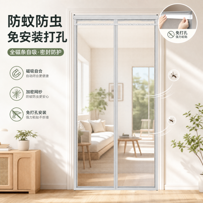 全磁条金刚网门帘，卖点是防蚊防虫，免安装打孔，家居治愈风，适配淘宝天猫平台，干净清新的家居场景展示门帘产品，突出产品的简约美观特性，添加文字卖点"防蚊防虫 免安装打孔"预览效果