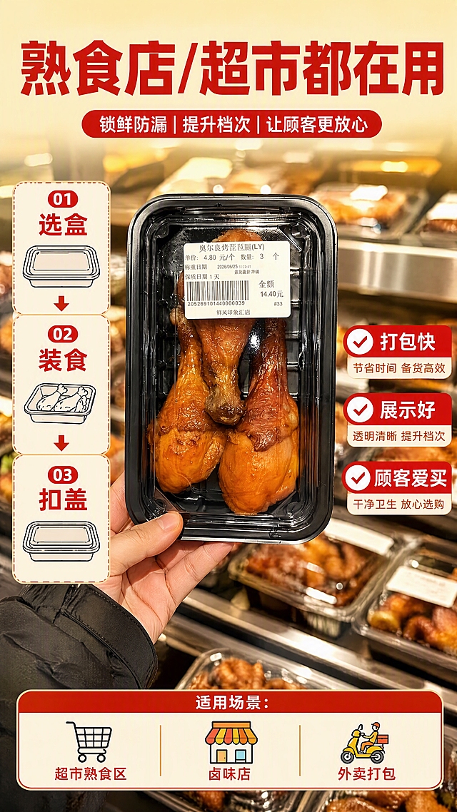 [第7张] 真人使用-熟食店打包操作场景。本张使用【图5】手持包装盒场景，展示实际使用。
[氛围/风格] 真实使用场景，生活化接地气，商业摄影质感。
[元素布局] 画面中心是一只手拿着装有3个奥尔良烤琵琶腿的黑色透明包装盒（来自图5），手部动作自然；背景是超市熟食保温柜环境，模糊处理突出主体；左侧加操作步骤示意，右侧加使用场景说明；产品占比约55%；包装盒、琵琶腿、手部与输入图一致。
[光影质感] 熟食柜暖光照明，手部和包装盒受光均匀，背景虚化，主体突出，暖色调。
[配色色系] 全局底色暖黄色调 #FFF8E1；主色暖黄+黑色盒身；辅助色红色标签、白色文字。
[视角构图] 正面平视，手持包装盒为视觉中心，左右两侧辅助信息，阅读动线从中心产品向四周扩散。
[文字版式] 顶部主标题「熟食店/超市都在用」，粗黑体红色字；左侧三步操作示意：「选盒」「装食」「扣盖」，配简笔图标；右侧标注「打包快 展示好 顾客爱买」；底部加「适用场景：超市熟食区 卤味店 外卖打包」。
[比例分辨率] 9:16 竖版比例，4K 分辨率，文字清晰可辨，高清画质。
[负向提示词] 包装盒变形，手部变形，缺件错件，颜色偏差，水印，文字错乱，人物不自然。