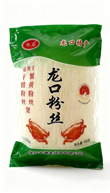 [主图主题] 华菊龙口粉丝产品主图
[氛围/风格] 干净简约食品电商风，突出粉丝通透质感
[画面元素] 袋装华菊龙口粉丝展示在浅色干净背景上，保留原有包装品牌、产地和文字信息，不添加额外核心卖点文字，预览效果