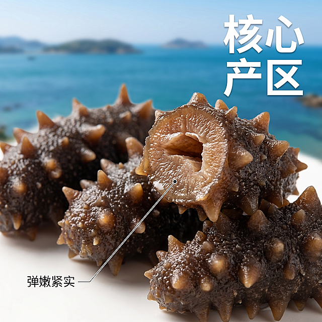 [主图-2] 大连海参核心产地细节展示，突出原产地优势
[氛围风格] 自然新鲜，真实溯源，品质感
[画质] 商业摄影质感，光线柔和通透，产品清晰真实，画面干净高级
[元素] 保持大连即食海参外观（物理结构、刺参纹理、深褐质感颜色）与输入产品图绝对一致，杜绝任何变形和色差，精细化处理。主体放大切开的即食海参剖面，展示紧实饱满肉质，背景融入淡蓝色大连海滨远景做虚化处理，商品主体占比70%，画面满屏无边框
[光影] 自然侧逆光打亮海参剖面纹理，突出紧实Q弹肉质肌理，整体光线通透自然
[配色] 主色调淡蓝海滨背景，深褐海参主体，干净清爽凸显海洋新鲜
[视角构图] 特写平视，聚焦切开的海参剖面，景深适中
[文字版式] 画面右上竖排大字"核心产区"白色粗体，左下用极细引线标注"弹嫩紧实"对应肉质纹理，文字不遮挡主体，清晰易读
[比例分辨率] 1:1比例，2k分辨率，文字清晰可辨，超高清
[负向提示词] 变形，水印，文字错乱，产品图模糊，背景杂乱，遮挡主体，配色刺眼
