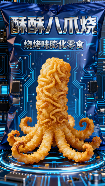酥酥八爪烧烧烤味膨化零食电商详情页，深蓝色电路板科技科幻风格，产品包装袋正面展示，突出金黄酥脆八爪烧实物，适合轮播图主图，高饱和度视觉冲击力强，8K高清预览效果