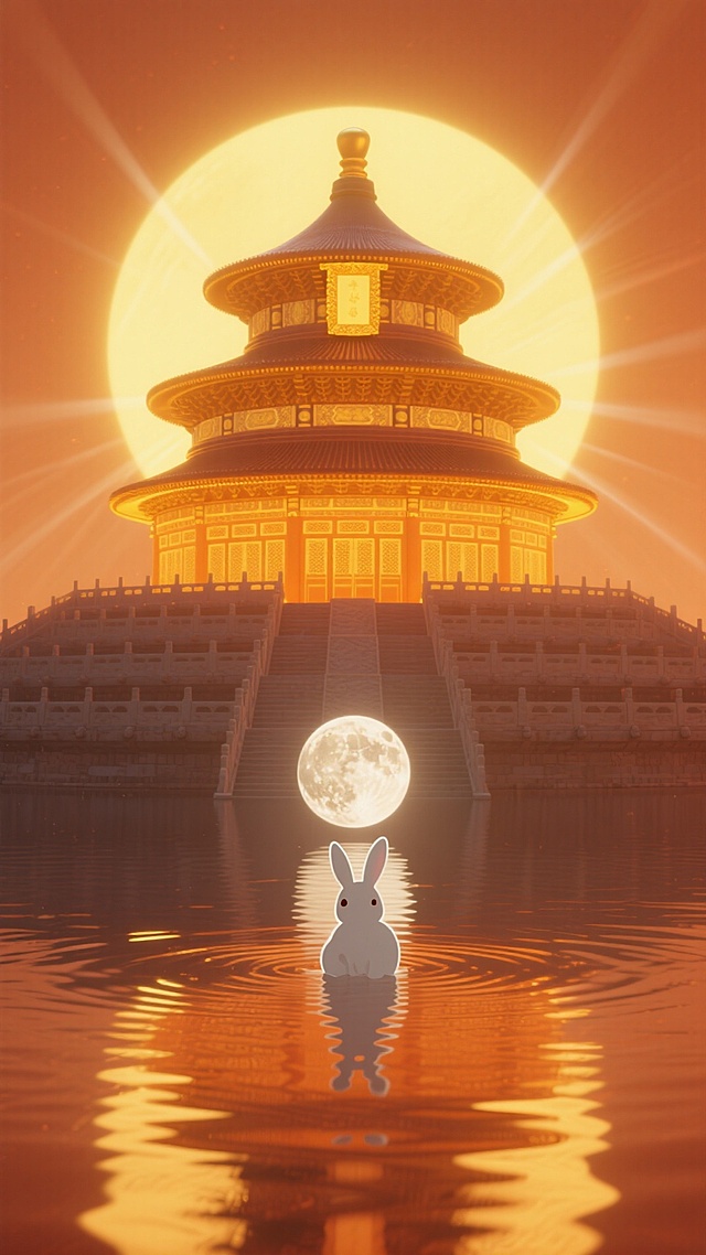 中式感与古典美学交融，插画风呈现天坛剪影，鎏金光辉映照梦幻月色，静谧水面倒映玉兔与明月，营造中秋佳节的神圣唯美感。