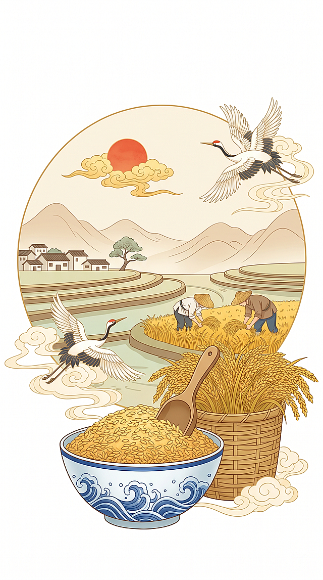 传统中式田园风，融合3D立体感与国风元素，展现丰收景象，配以祥云仙鹤，寓意吉祥安康。