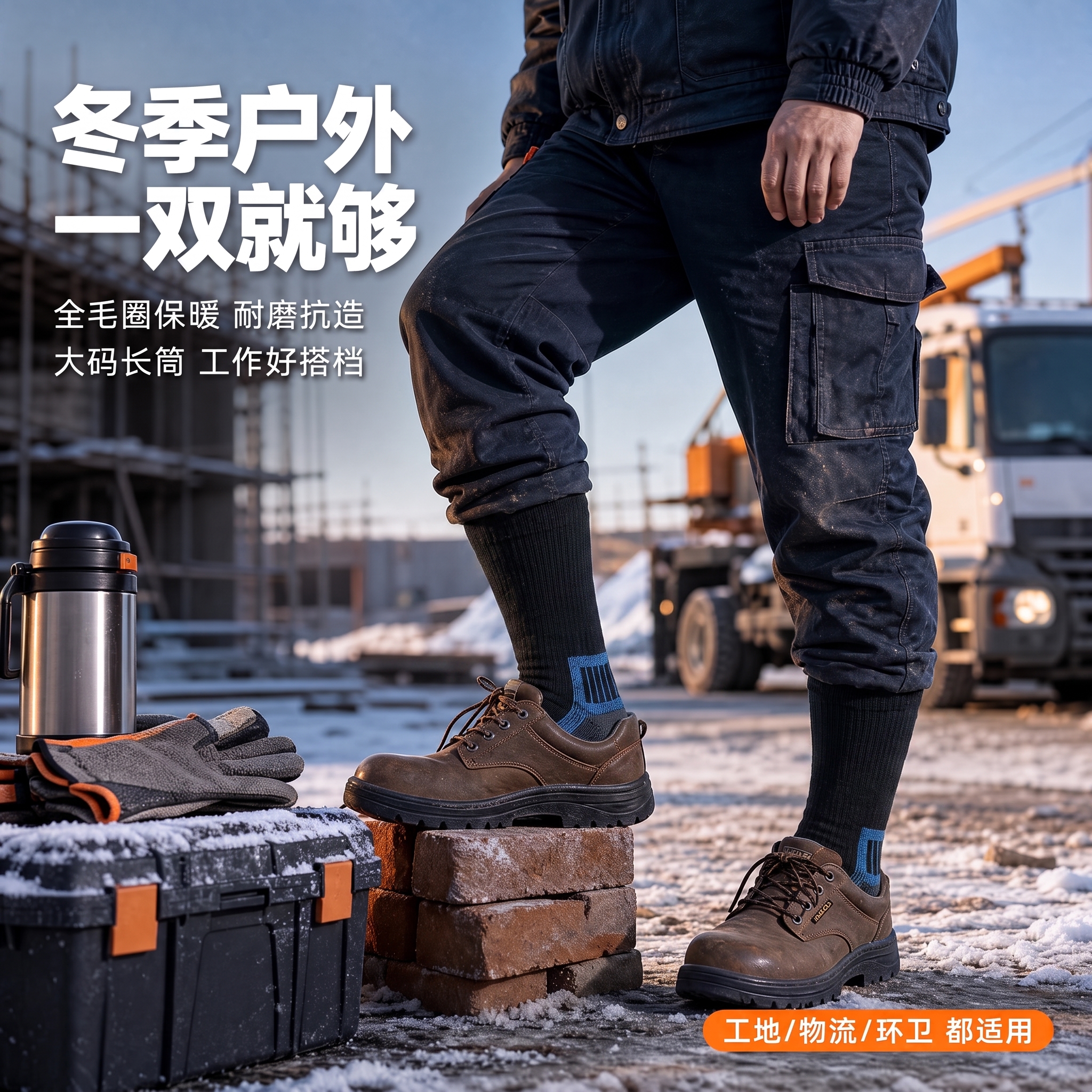 请将参考图1的【黑色长筒运动袜（带蓝色条纹与灰色袜头袜跟）】1… - 图片创意预览