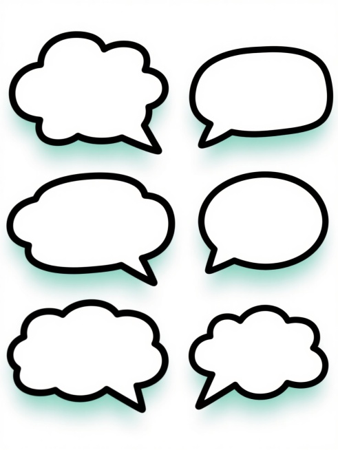 在纯白色背景上，以简洁的矢量插画风格绘制6个完全不同形状的气泡框，每个气泡框均采用黑色粗轮廓线条勾勒边缘，内部填充为纯净的白色，并在气泡框底部边缘添加柔和的浅绿色渐变阴影以增强立体感，整体保持规整的网格状排列布局，确保每个气泡框的独特形态清晰可辨且视觉上保持统一的简约设计风格。预览效果