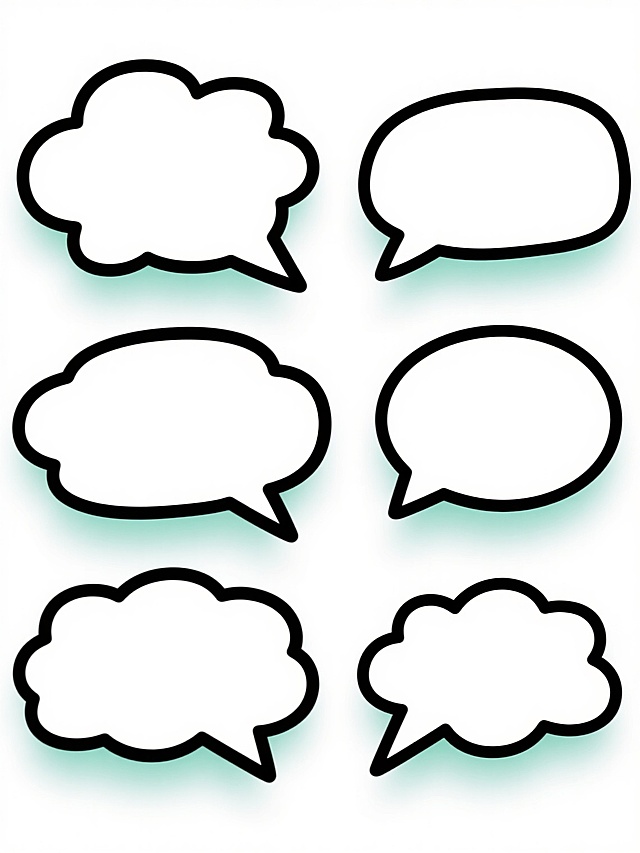 在纯白色背景上，以简洁的矢量插画风格绘制6个完全不同形状的气泡框，每个气泡框均采用黑色粗轮廓线条勾勒边缘，内部填充为纯净的白色，并在气泡框底部边缘添加柔和的浅绿色渐变阴影以增强立体感，整体保持规整的网格状排列布局，确保每个气泡框的独特形态清晰可辨且视觉上保持统一的简约设计风格。