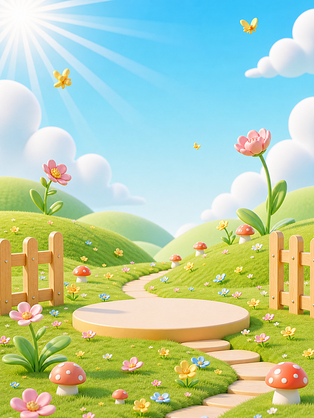 spring,Spring,with a sunny,cartoon-style landscape in the background,featuring a blue sky and white clouds and light green hills in the distance. In the middle of the scene is a circular platform,with colorful flowers and small mushrooms dotted on the grass. Next to the winding path is a wooden fence. The overall style has bright and cheerful color coordination.