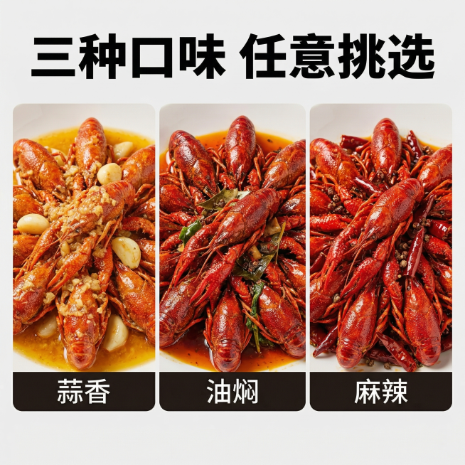 [主图 5] 私厨小龙虾三种口味SKU展示
[氛围风格] 干净清晰，分类直观
[画面元素] 商业摄影质感，光线柔和通透，产品清晰真实，画面干净高级。画面三分区域，分别展示蒜香、油焖、麻辣三种口味的小龙预览效果
